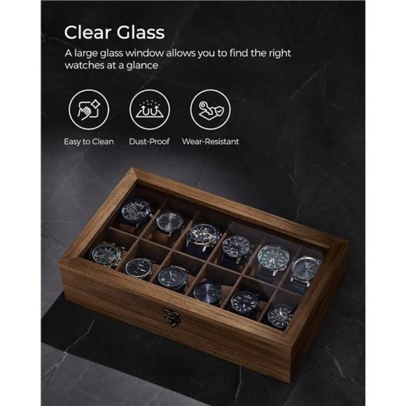 12-Slot Wood Watch Box Organizer with Large Glass Lid, Removable Pillows - Picture 5 of 7